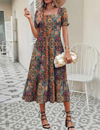 Summer Dresses for Women Flowy Casual Midi Dress Short Sleeve Tiered Dress Beach Vacation Sundresses with Pockets