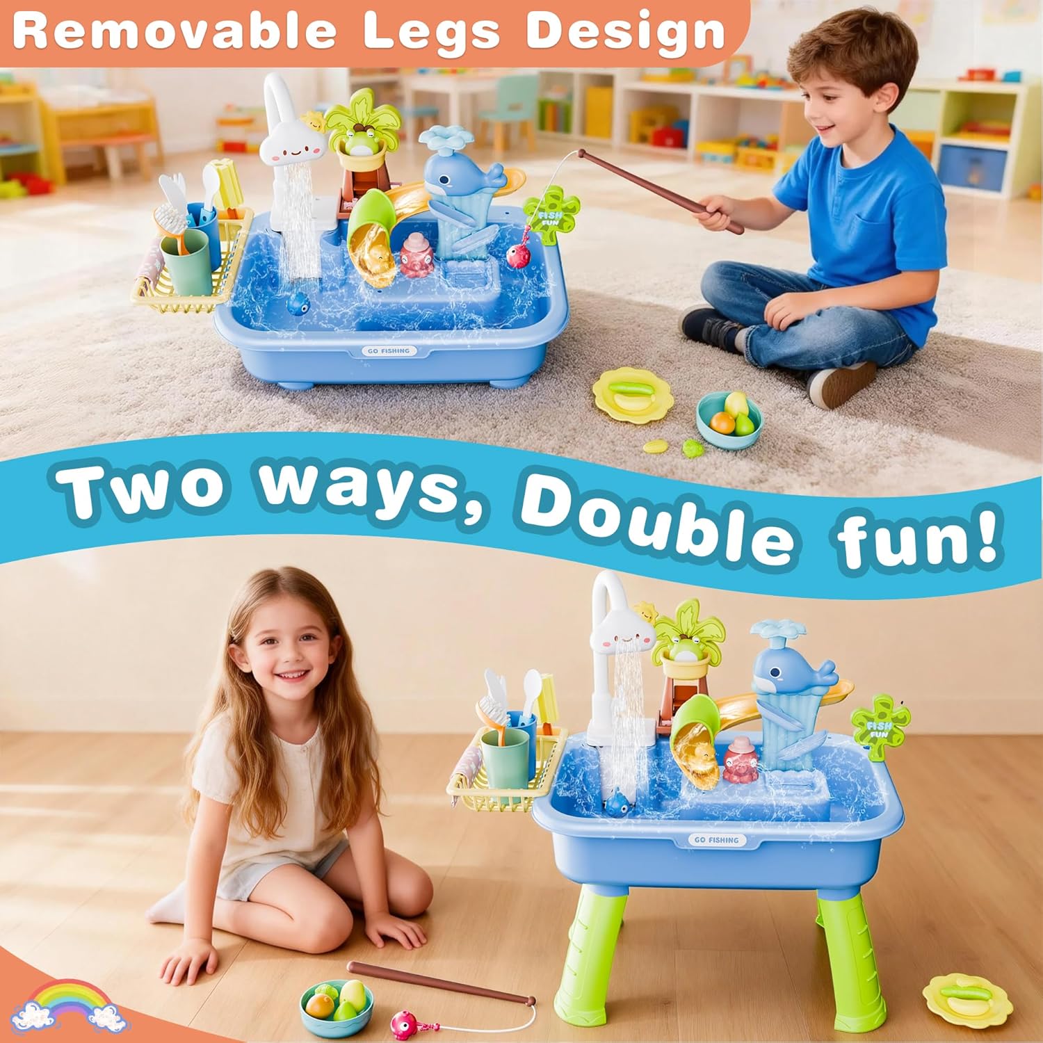 2026 Upgraded Water Table for Toddlers 1-3, Kids Play Sink with Running Water, Toddler Kitchen Sink Toy with Pump