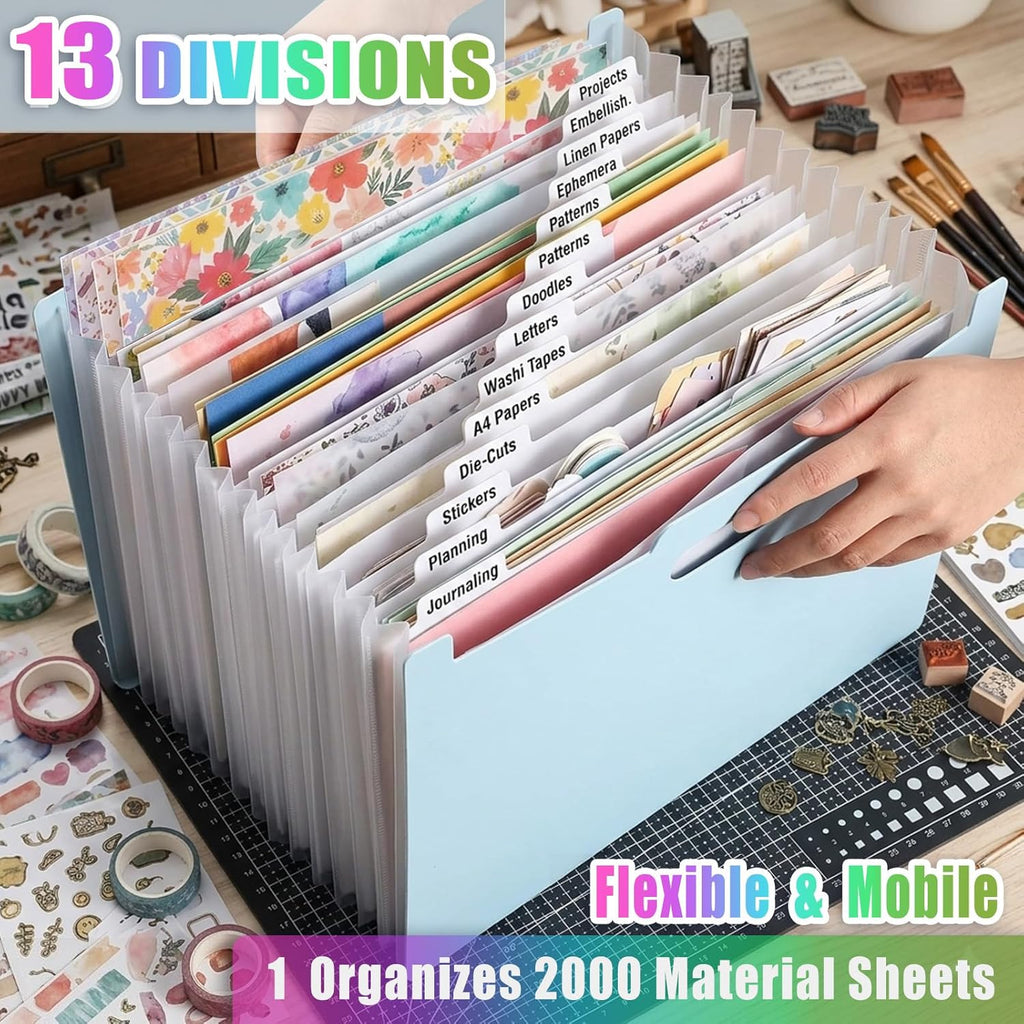 12x12 Scrapbook Paper Storage Organizer, Expandable 13 Pocket Desktop Paper Organizer Storage for Scrapbook