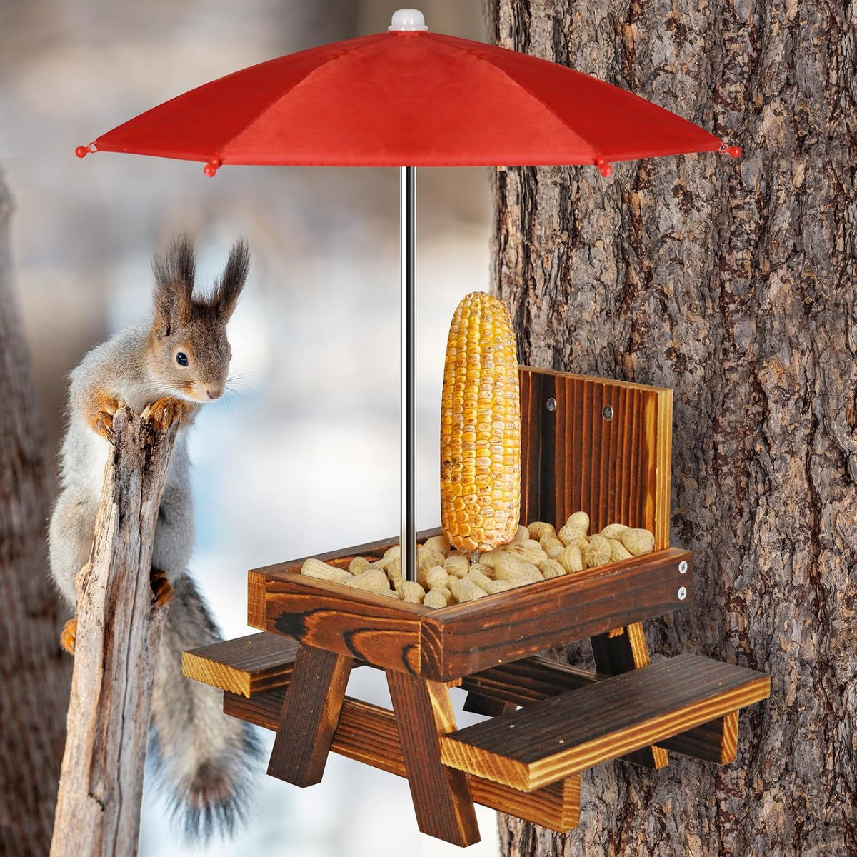 Squirrel Feeder with Umbrella Squirrel Table Feeder with Sturdy Squirrel Feeder with Corn Cob and Peanut Tray Holder