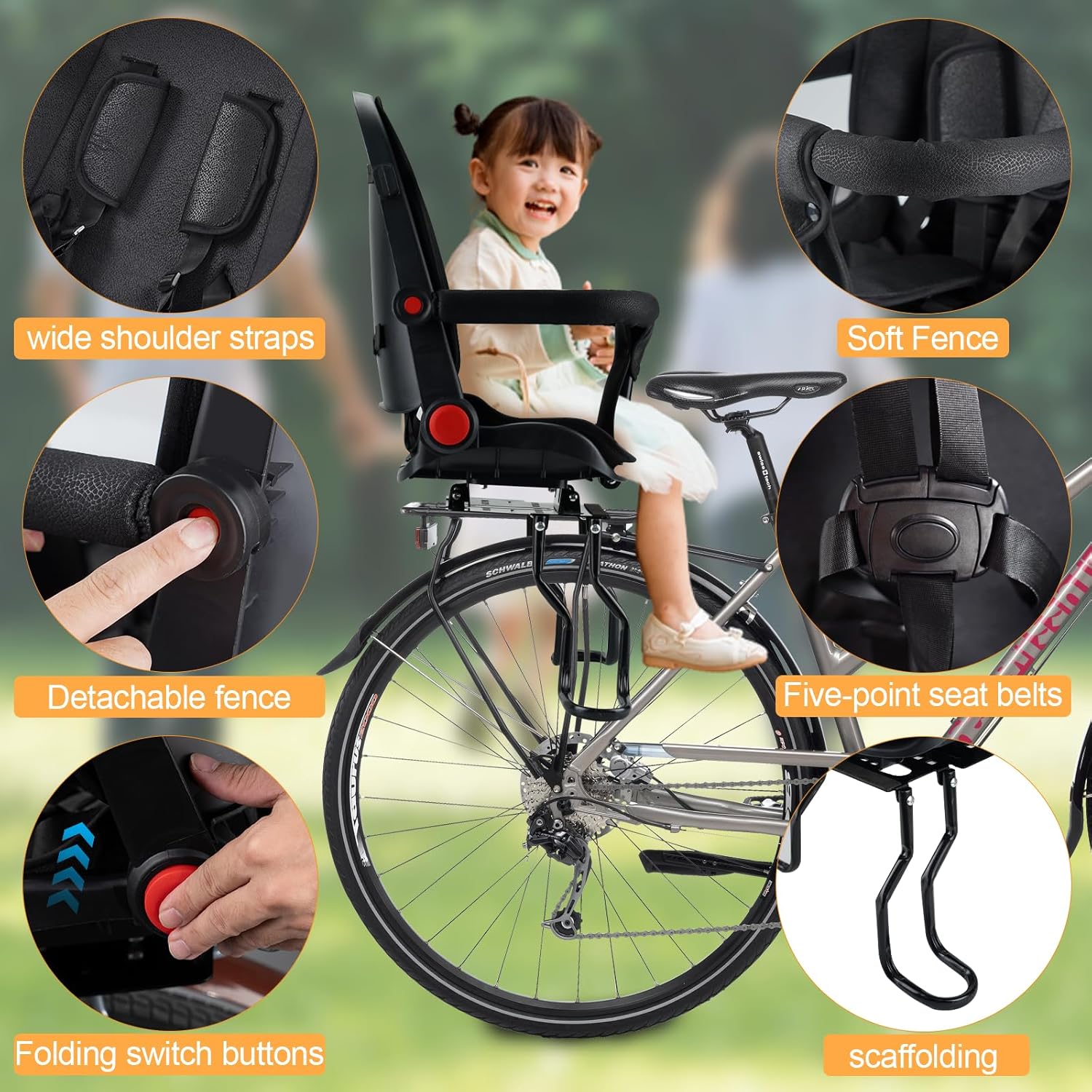 Rear Child Bike Seat, Kids Bicycle Back Seat ，Safe Rear Mount Child Bike Seat Fits All Bicycle Rear Frames, for 2-5