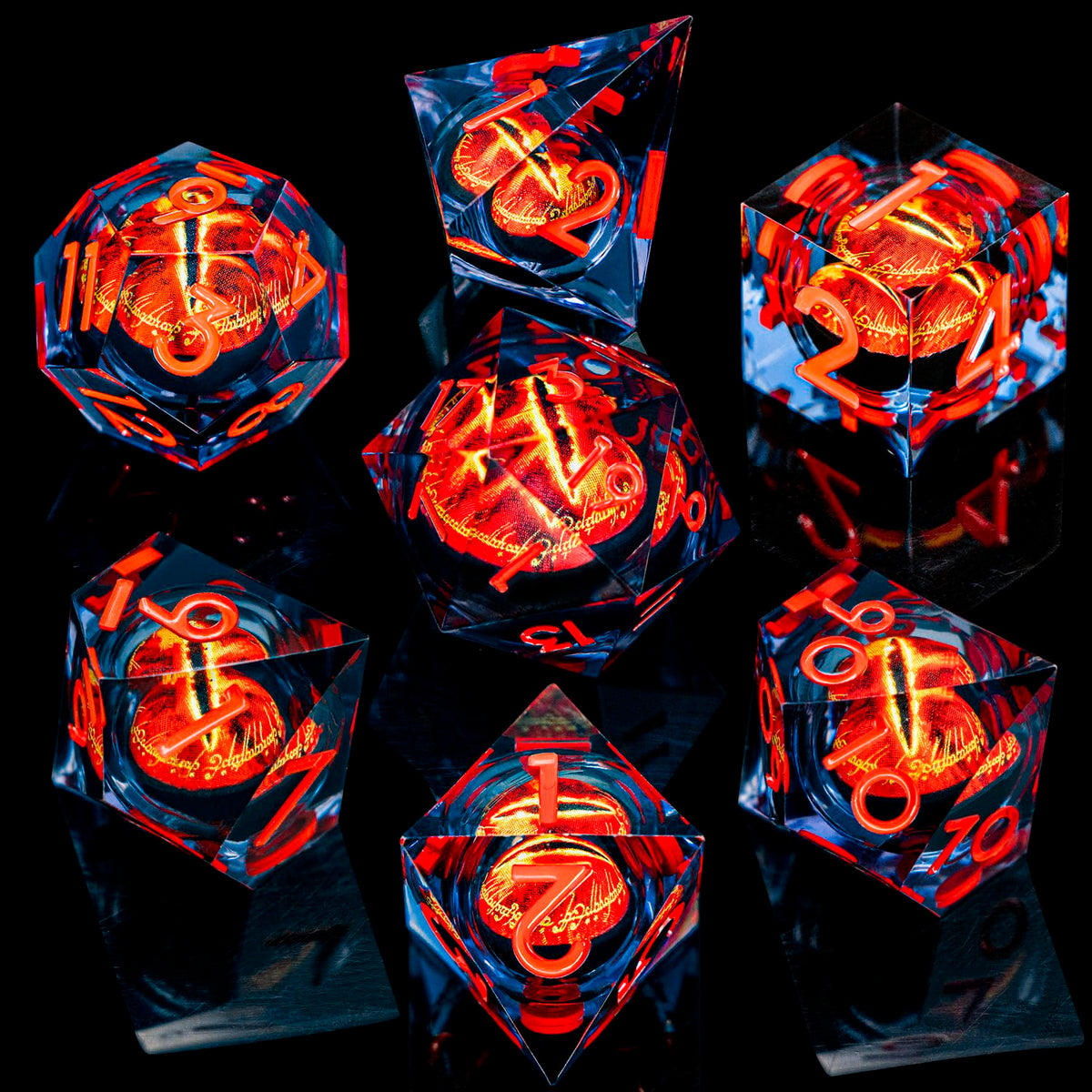 RPG Resin Dice Gazes Eye Dice Liquid Core Flaming RPG Sharp Edged Dice Set with Gift Box, Polyhedral RPG Dice Set