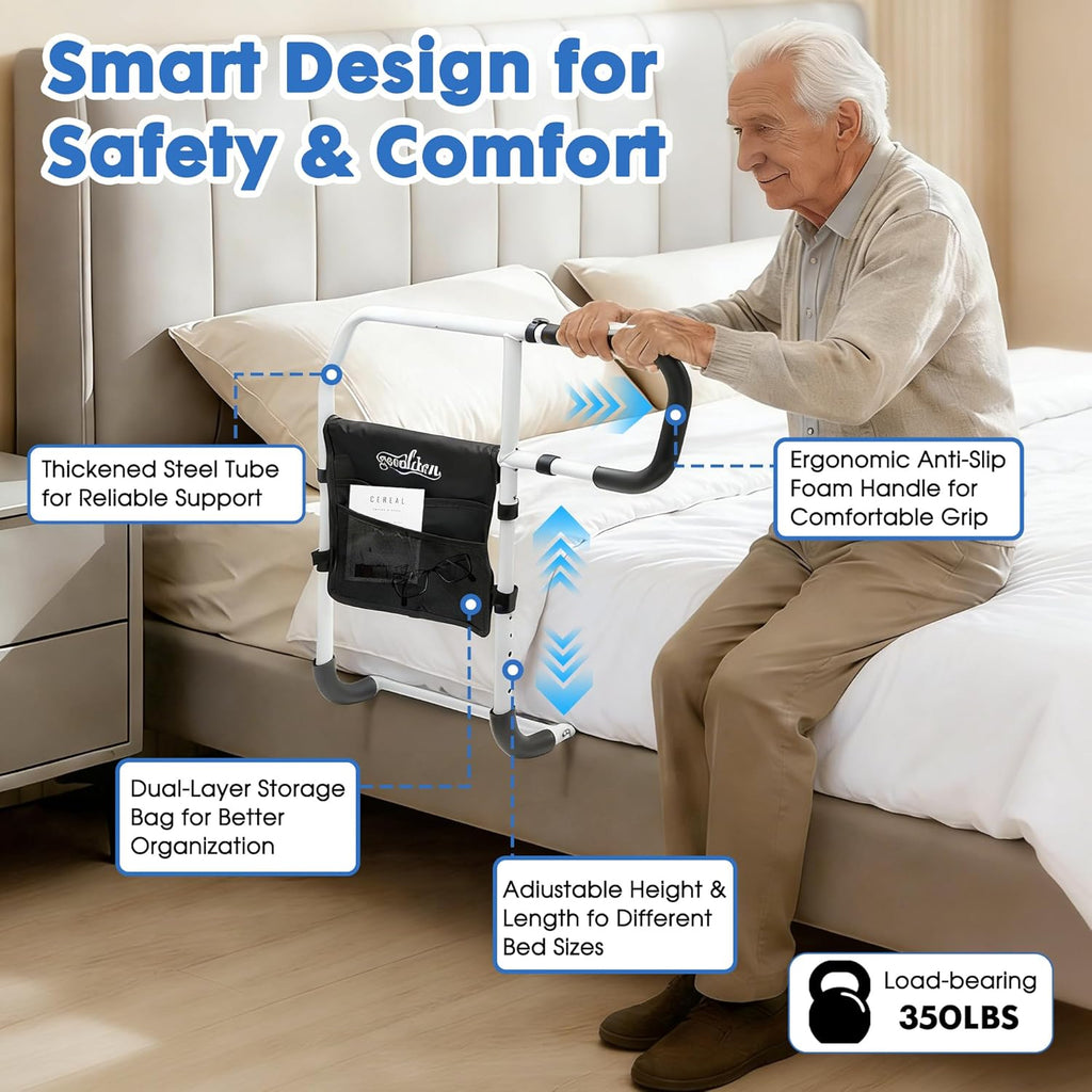 Bed Rails for Elderly Adults, Adjustable Bed Assist Rails for Seniors with Non-Slip Handle & Storage Pocket, Bed