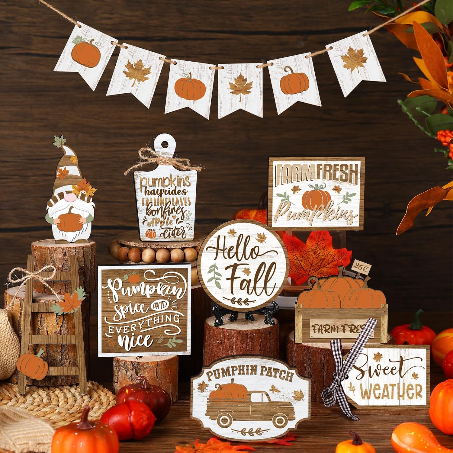 15 Pcs Thanksgiving Tiered Tray Decor Set Thanksgiving Decorations Fall Pumpkin Leaves Gnome Rustic Farmhouse Fall
