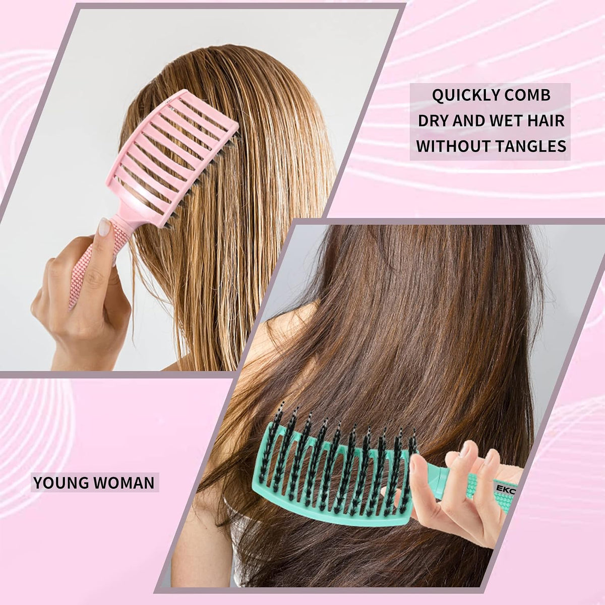 3 Pack Vented Quick Drying Massage Blow Detangler Brush,Boar Bristle Hair Brush Set-Curved,Detangling Hair Brush for