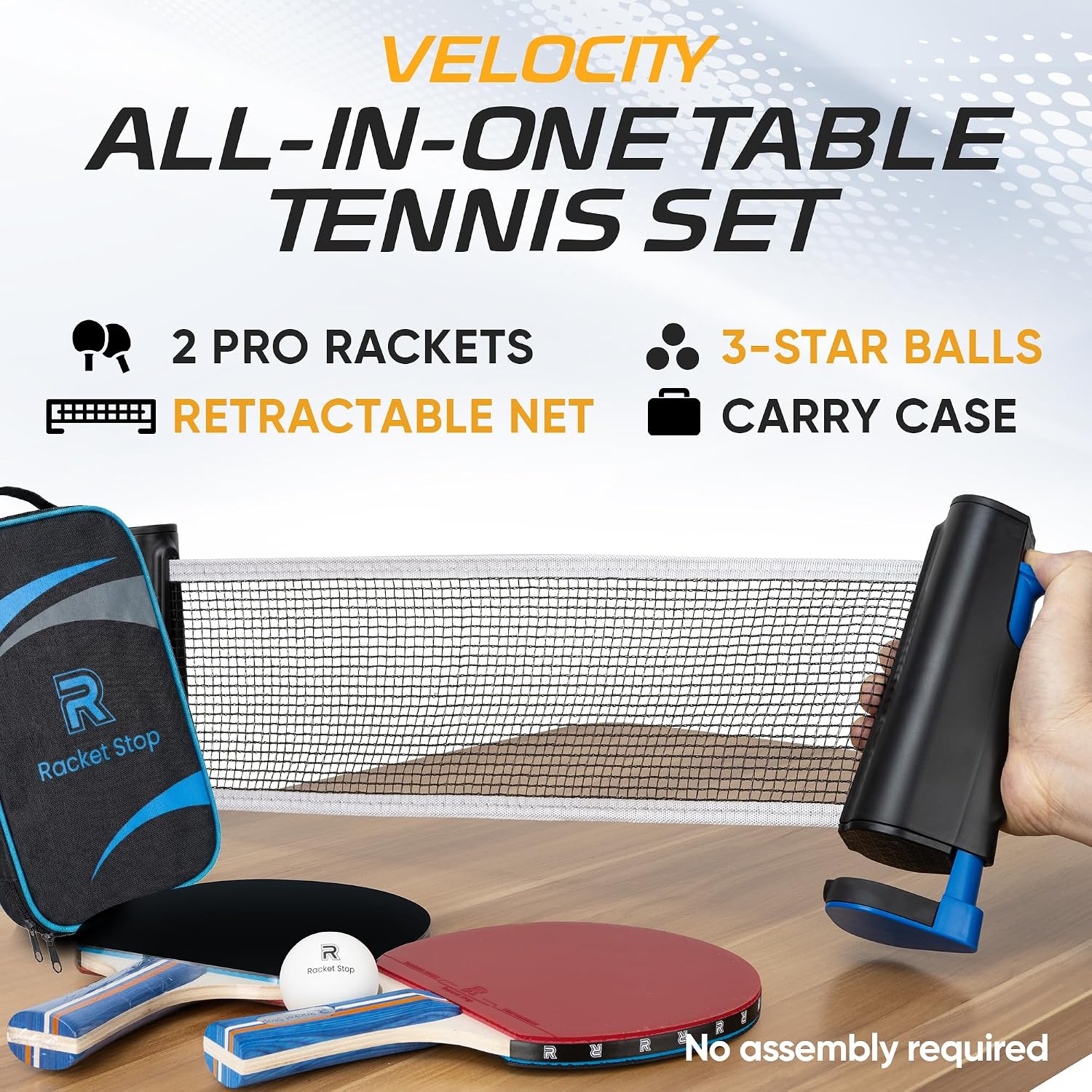 Velocity Table Tennis Paddle Set – 2 Ping Pong Rackets with ITTF-Approved Rubber, Retractable Net System, 3-Star