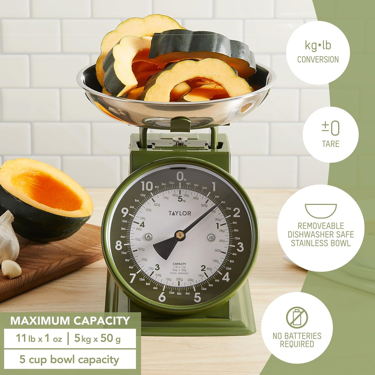Vintage Mechanical Kitchen Scale - 11 lb Max Capacity, Evergreen