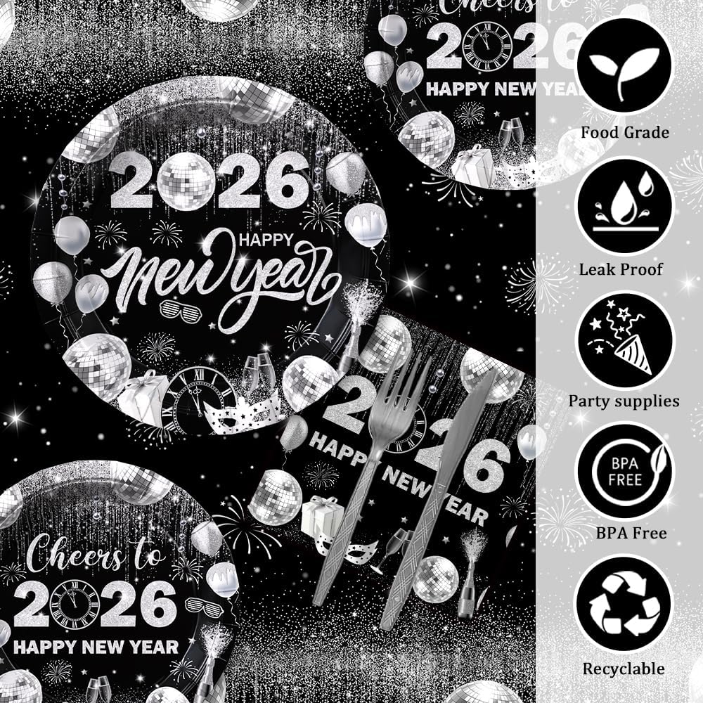 194pcs Happy New Years Eve 2026 Party Decorations for New Year Party Plates, Cup, Napkin, Tablecloth, Tableware