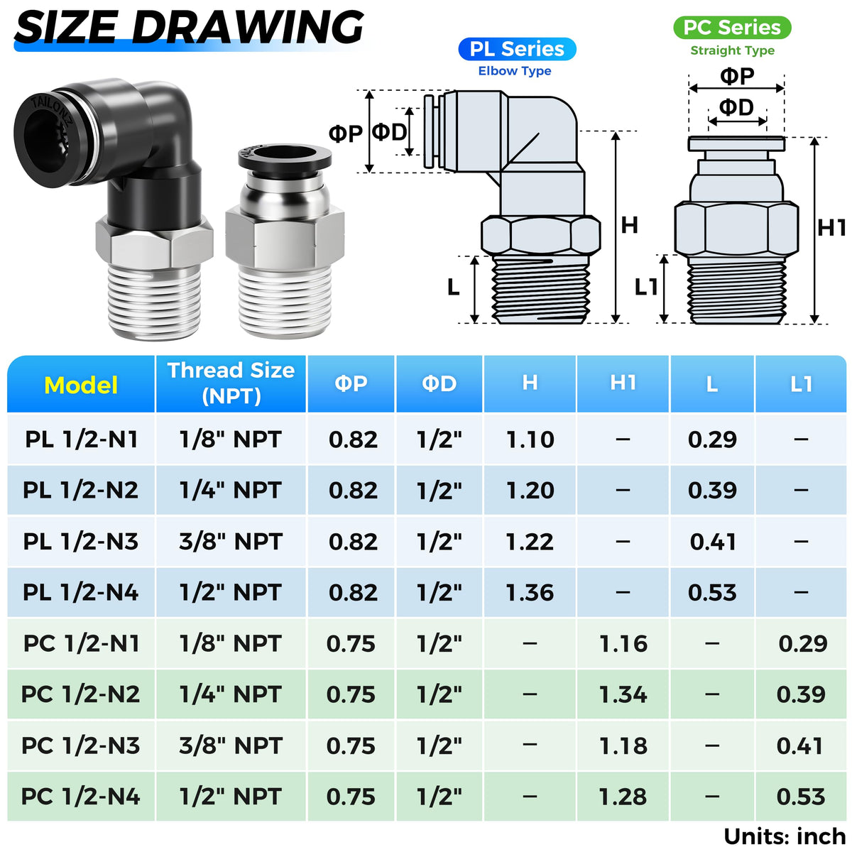 TAILONZ 1/2" x 1/2" NPT Push to Connect Straight & Elbow Fitting Kit 4Pcs