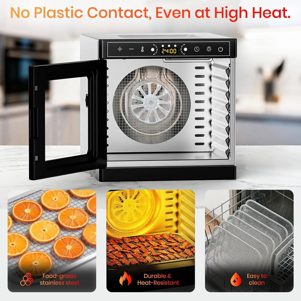 8-Tray Food Dehydrator, 400W, Stainless Steel, 195°F & 24H Time Control