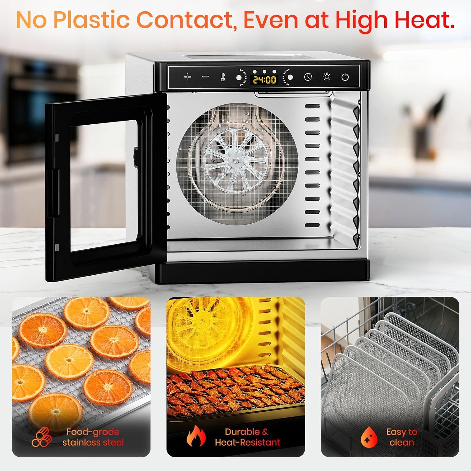 8-Tray Food Dehydrator, 400W, Stainless Steel, 195°F & 24H Time Control