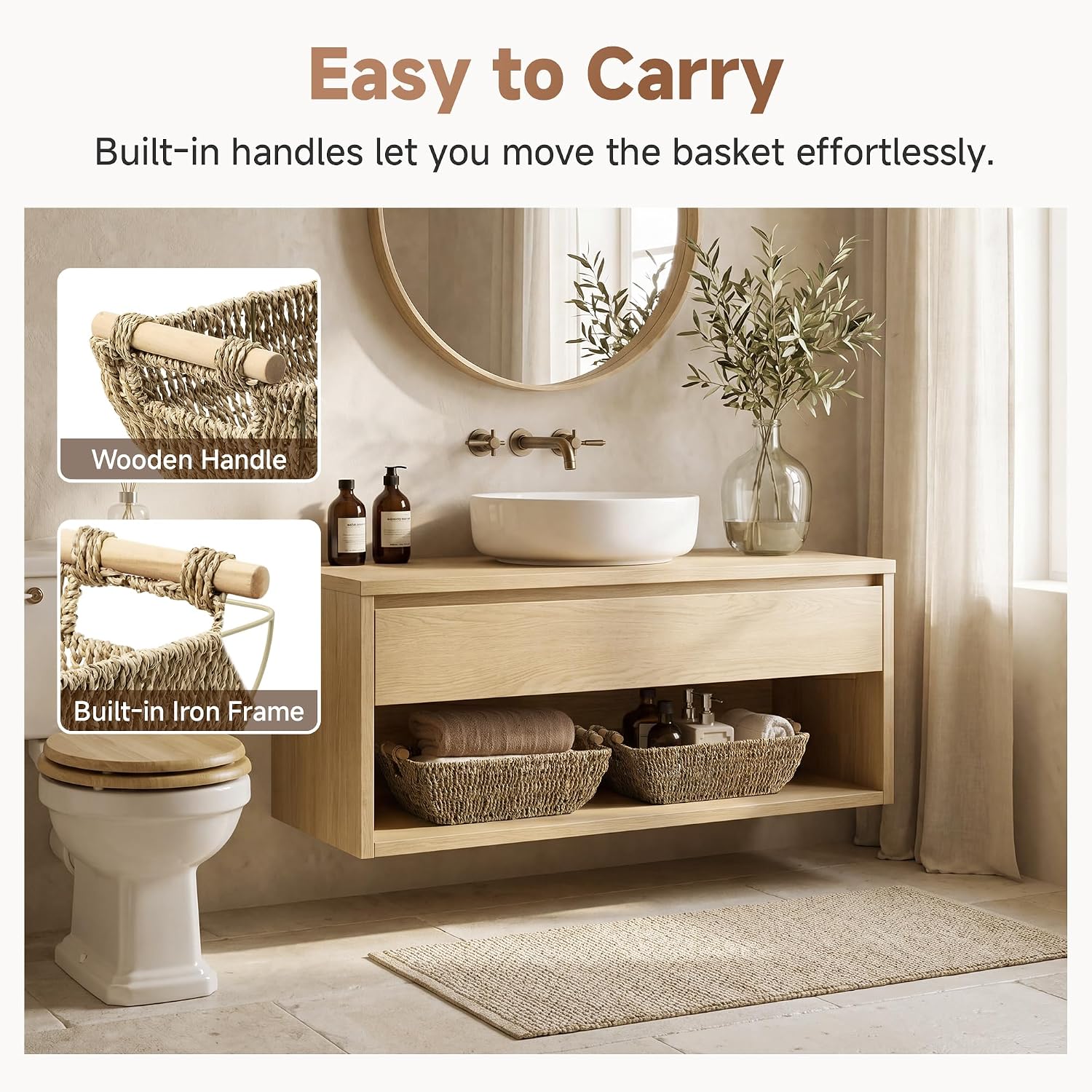Hand-Woven Large Storage Baskets with Wooden Handles, Seagrass Wicker Baskets for Organizing, 2-Pack