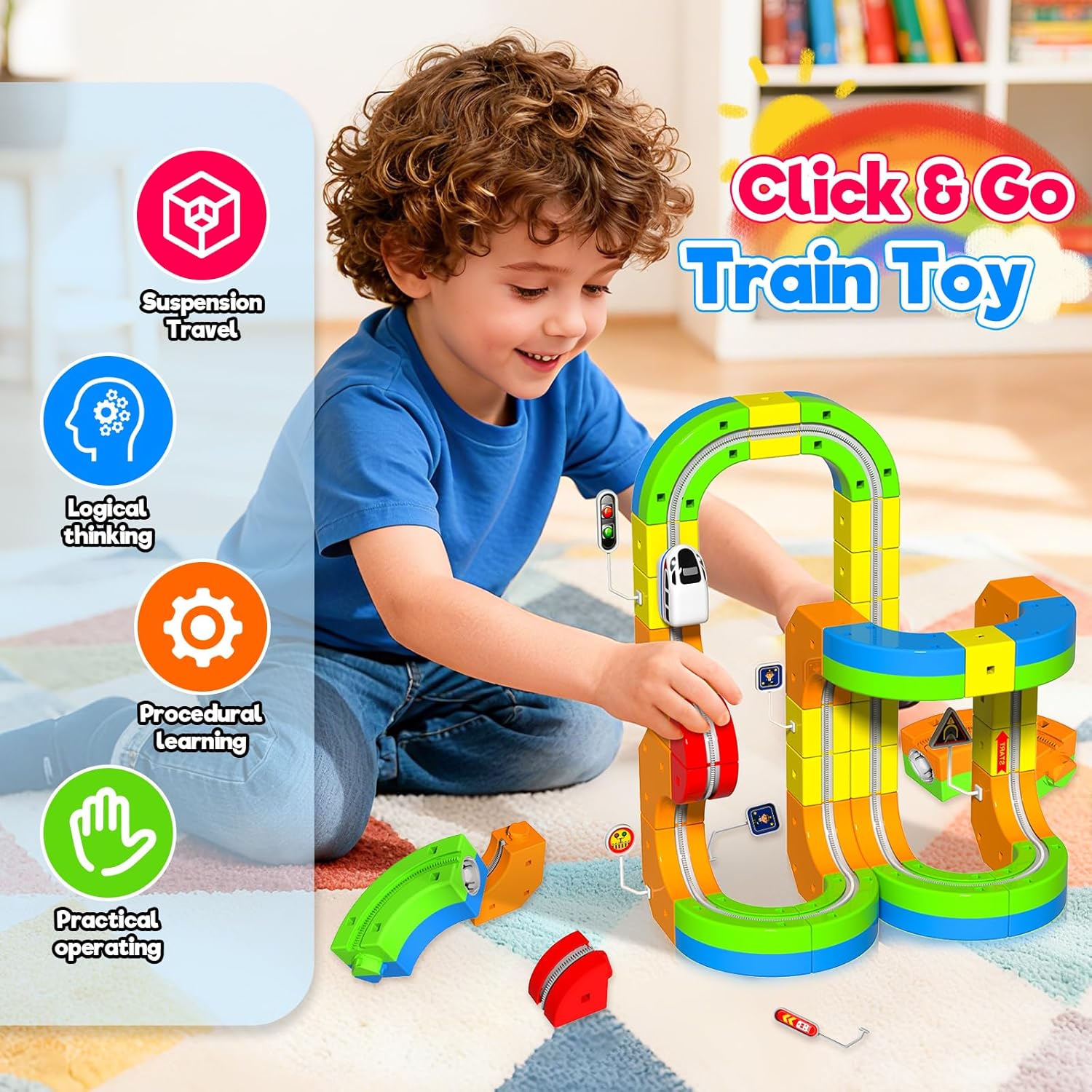 Electric Train Set for Kids, 69Pcs 3D Flexible Race Track Set with Electric Train, Traffic Signs, STEM Train Toy Set