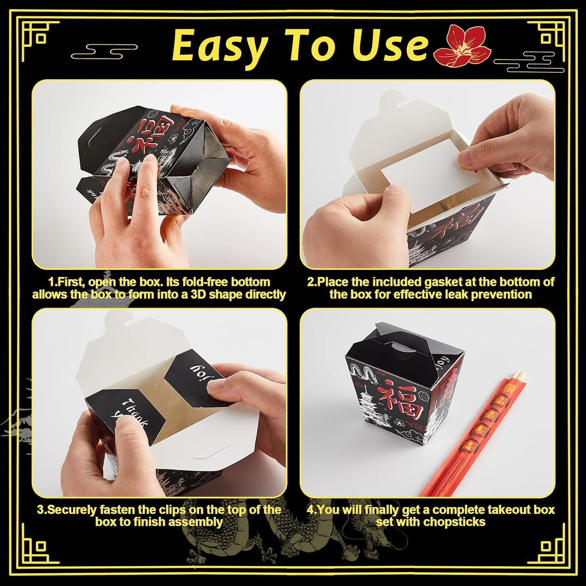 25 Sets Black Chinese Take Out Food Boxes with Chopsticks
