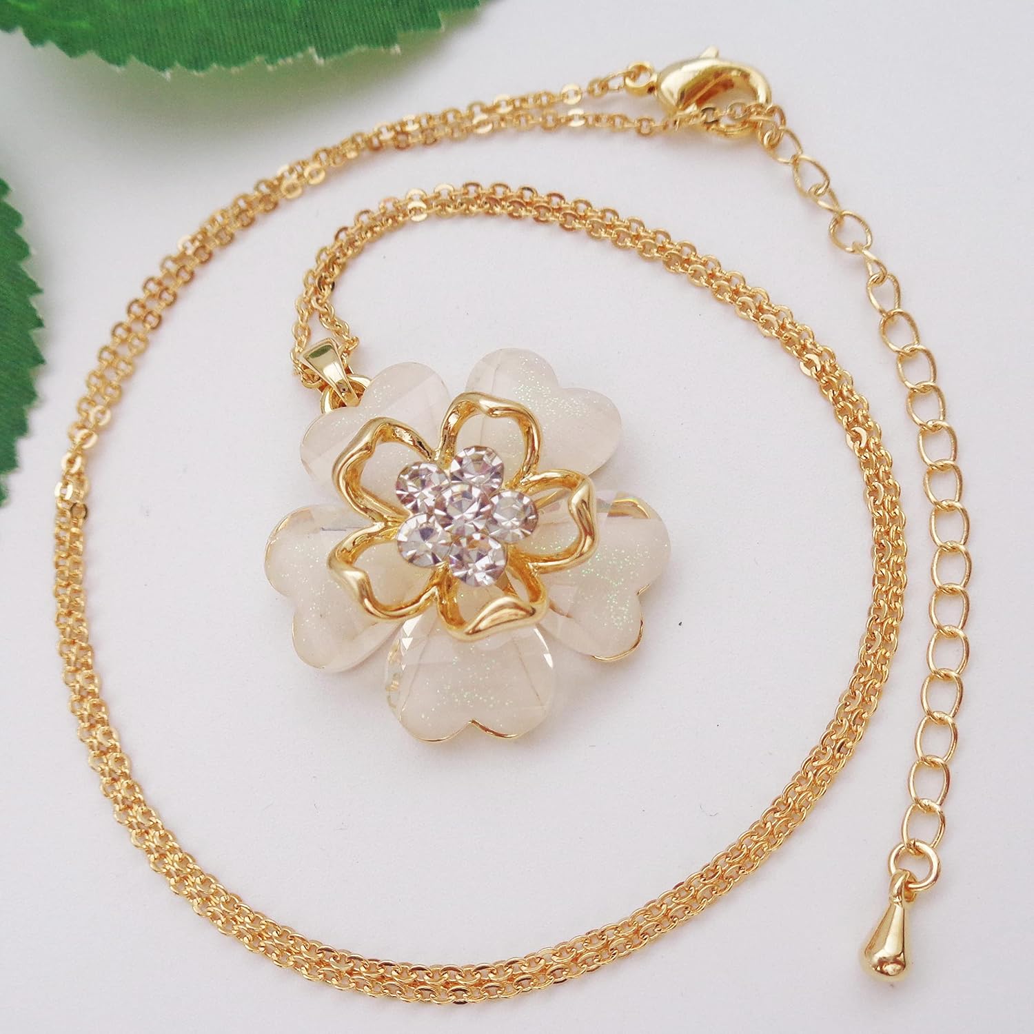18k Gold Plated White Crystal Multicolor Acetate Blooming Flowers Pendant Necklace 16"+2"