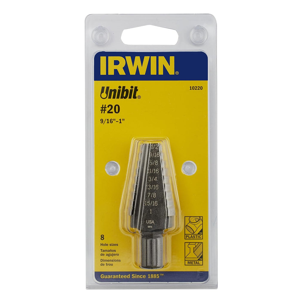 Irwin Tools Unibit #20 9/16-Inch to 1-Inch Step-Drill Bit, 1/2-Inch Shank (10220)