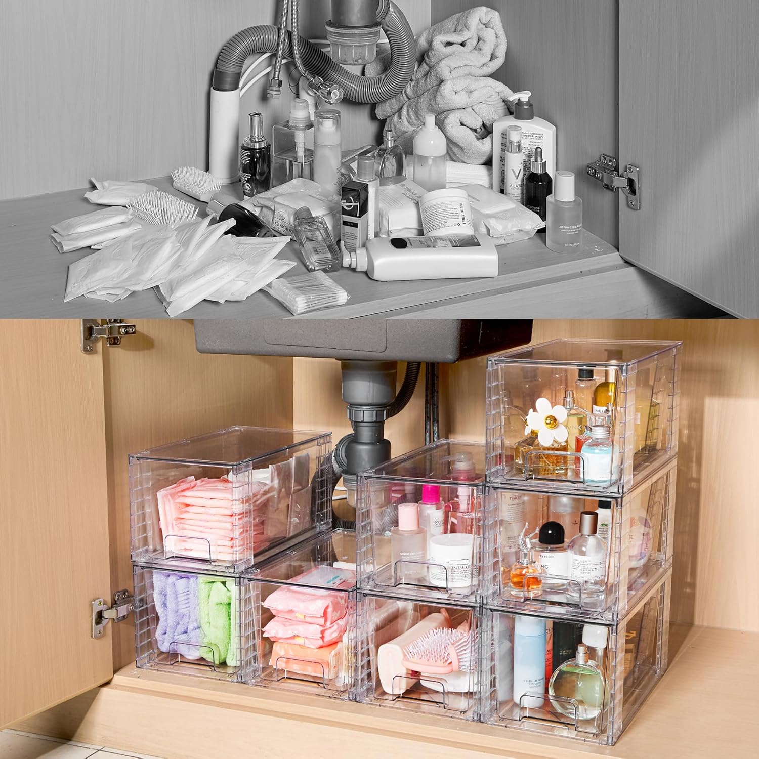 4Pack Large Stackable Kitchen Pantry Storage Drawers, Clear Organizer Bins with Handles, Acrylic Drawer Organizers