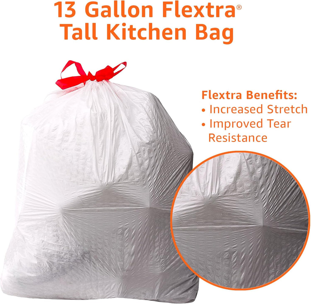 13 Gallon Tall Kitchen Drawstring Trash Bags, Flextra Strength, Tear Resistant, 10% Post Consumer Recycled, 90 Count