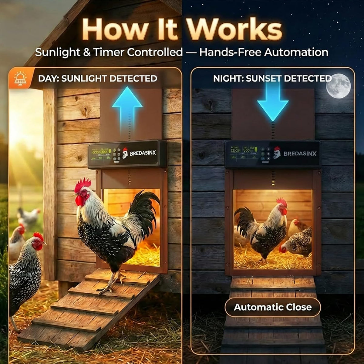Solar Automatic Chicken Coop Door, 6-Mode Programmable Remote, HD Screen