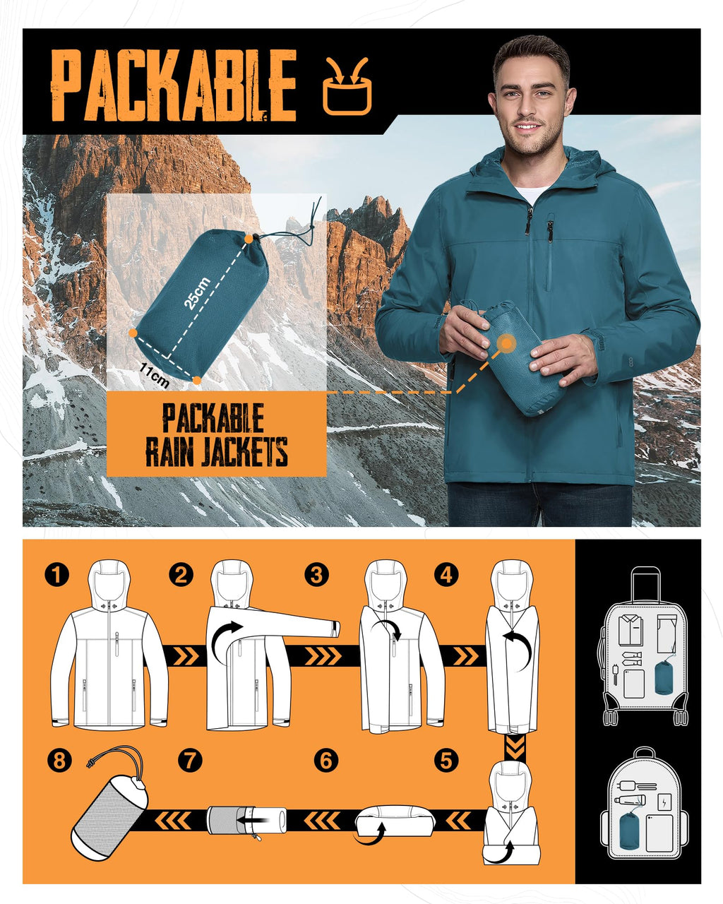Men's Packable Rain Jacket Waterproof Raincoat with Hood