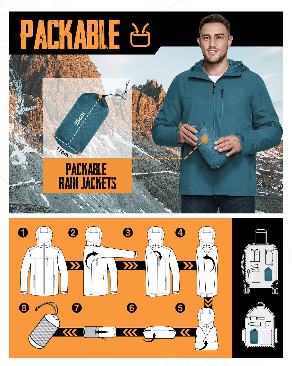 Men's Packable Rain Jacket Waterproof Raincoat with Hood
