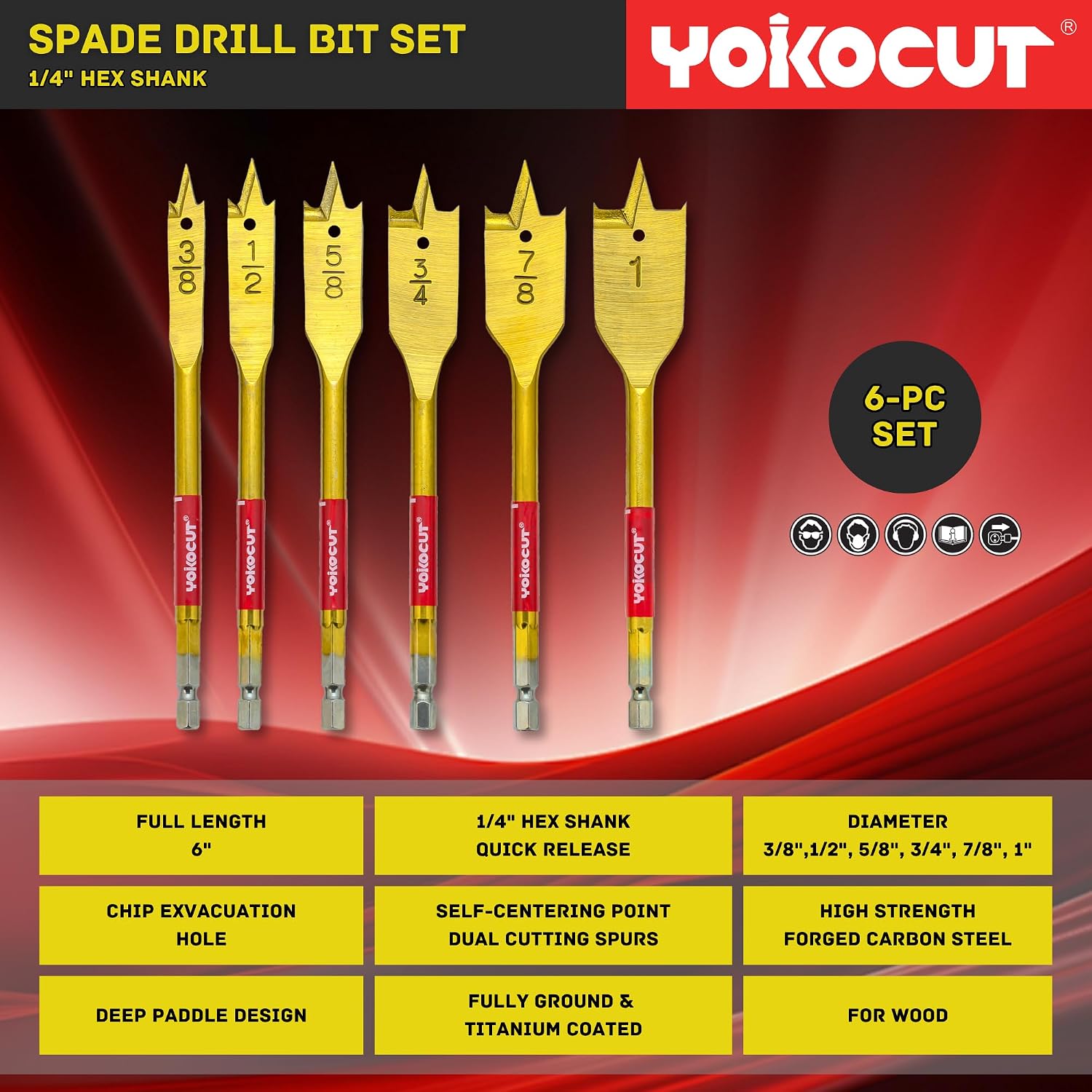 Spade Drill Bit Set, 6PCS Paddle Bits Set, 3/8"-1" Spade Bits with 1/4 Hex Shank, Wood Hole Cutter, Drill Bits for Wood