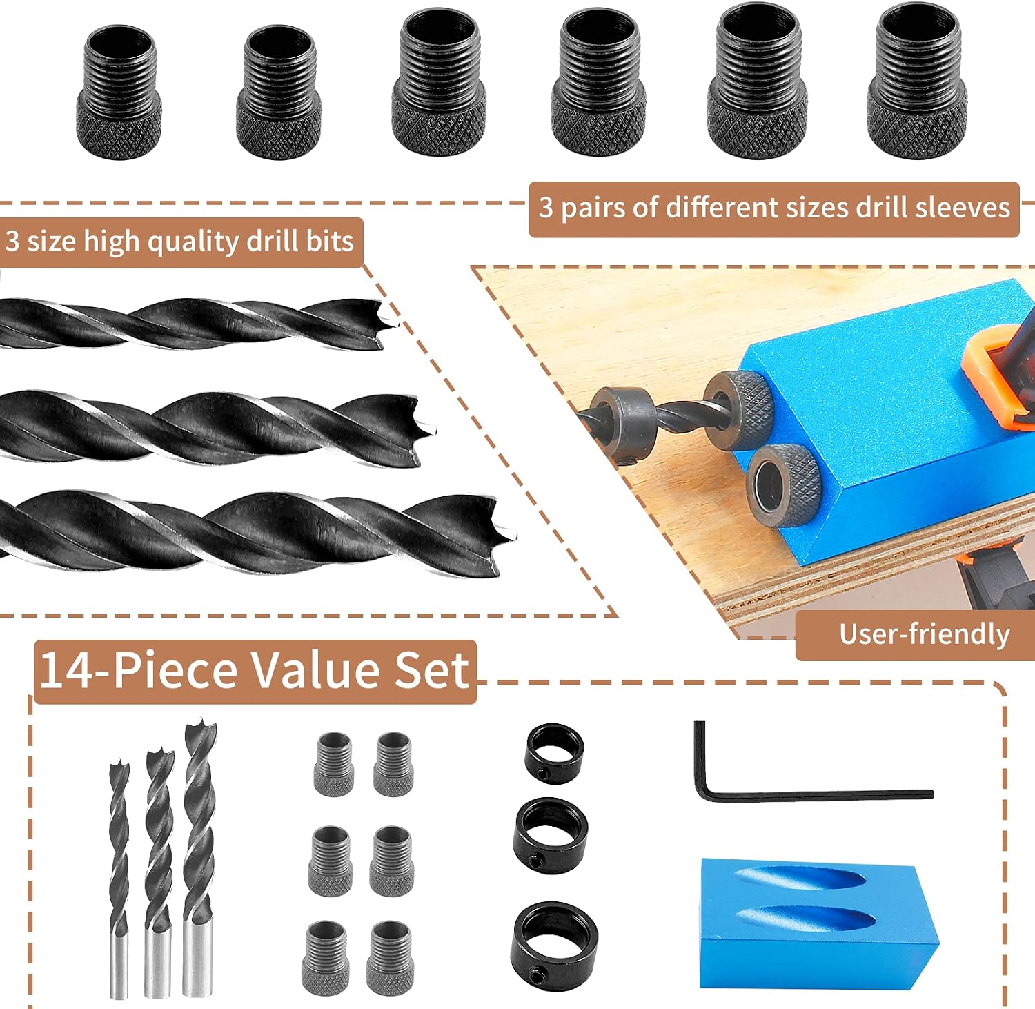 14 Pcs Pocket Hole Jig Kit, 15 Degree Woodworking Inclined | 6/8/10mm Drive Adapter, Clip