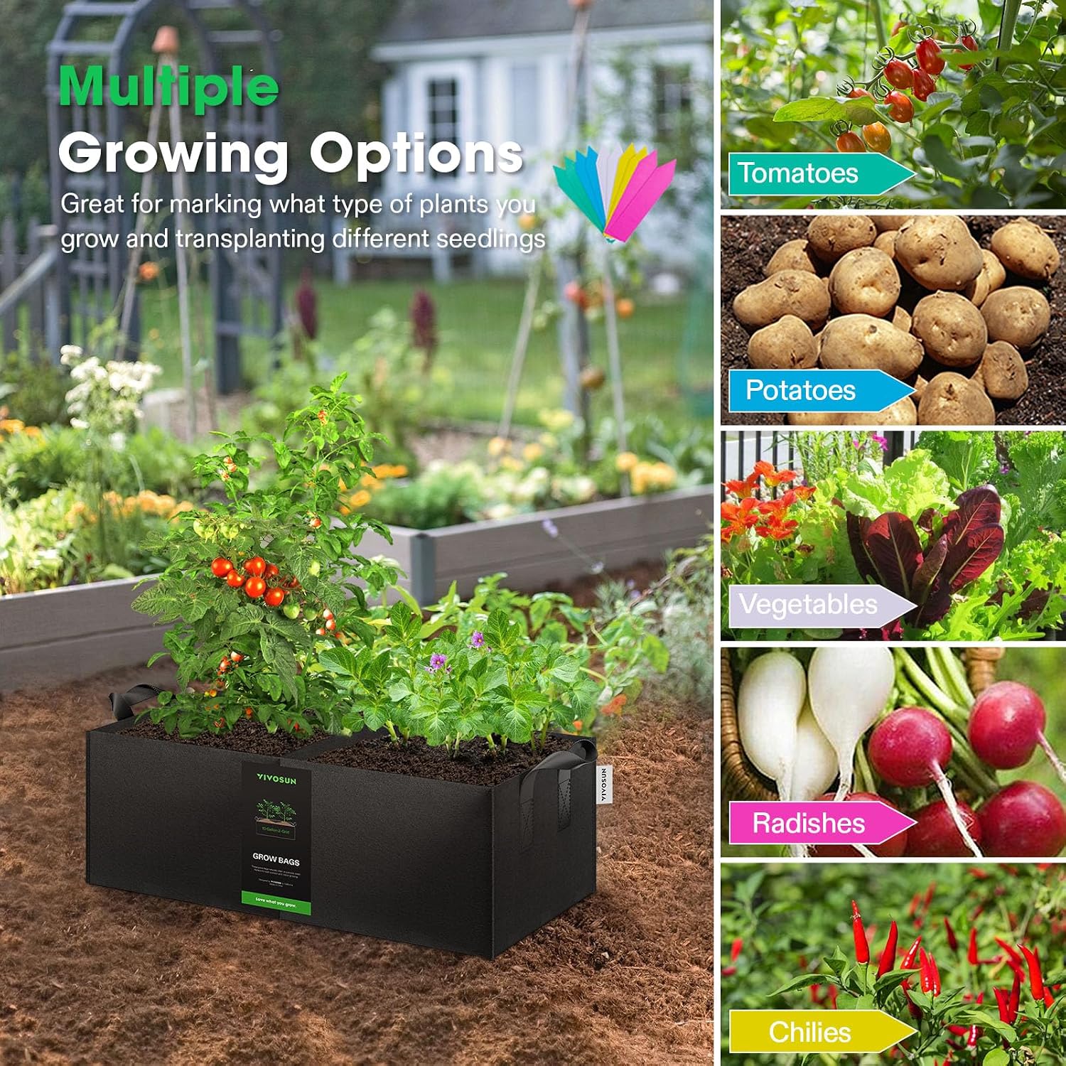 VIVOSUN 3-Pack 10 Gallon 2-Grid Grow Bags, 400G Fabric Pots with Handles | 400G Thickened Nonwoven Fabric, 2-Grid