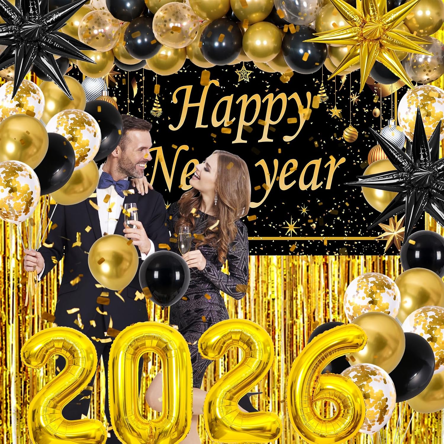 Happy New Year Decorations 2026, New Years Eve Party Supplies 2026 Black and Gold Happy New Year Banner Backdrop New