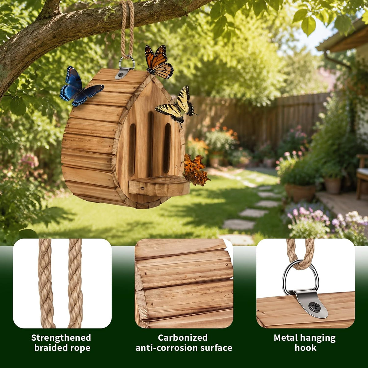 Butterfly House for Outside, Wooden Butterfly Habitat, Butterfly Feeder and Shelter, Hanging Pollinator House for