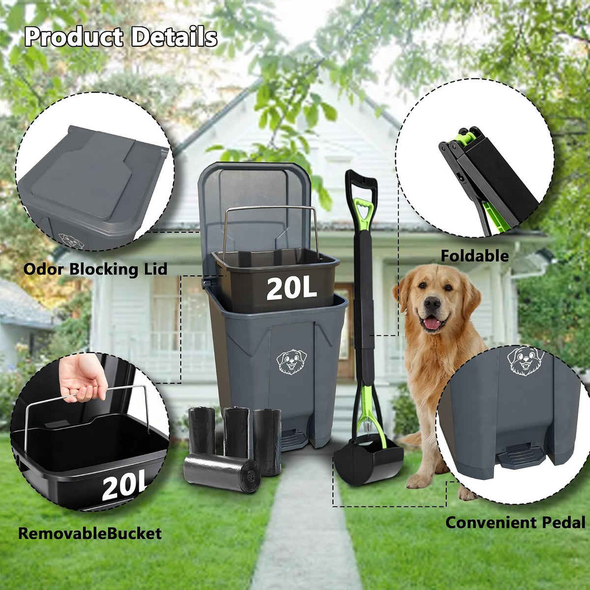 Dog Poop Outdoor Trash Can with Lid 20L/5Gal- Pedal & Removable Inner Bin,200 Waste Bags + 1 Green Long Handle Pooper