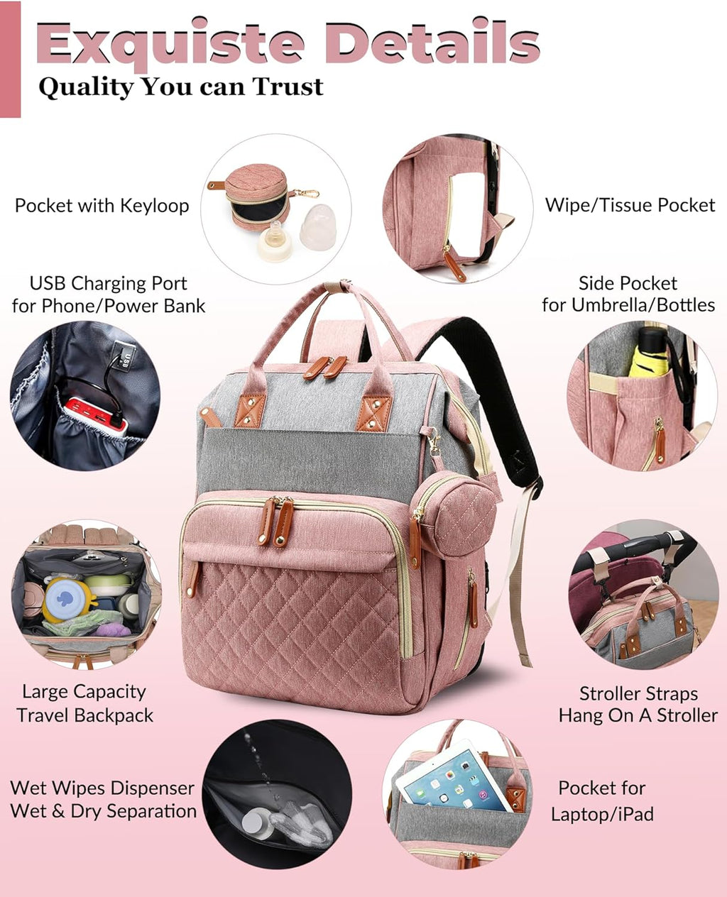Diaper Bag Backpack with Changing Station, Waterproof Large Capacity, Baby Bag for Mom & Dad, 18 Pockets+USB Port