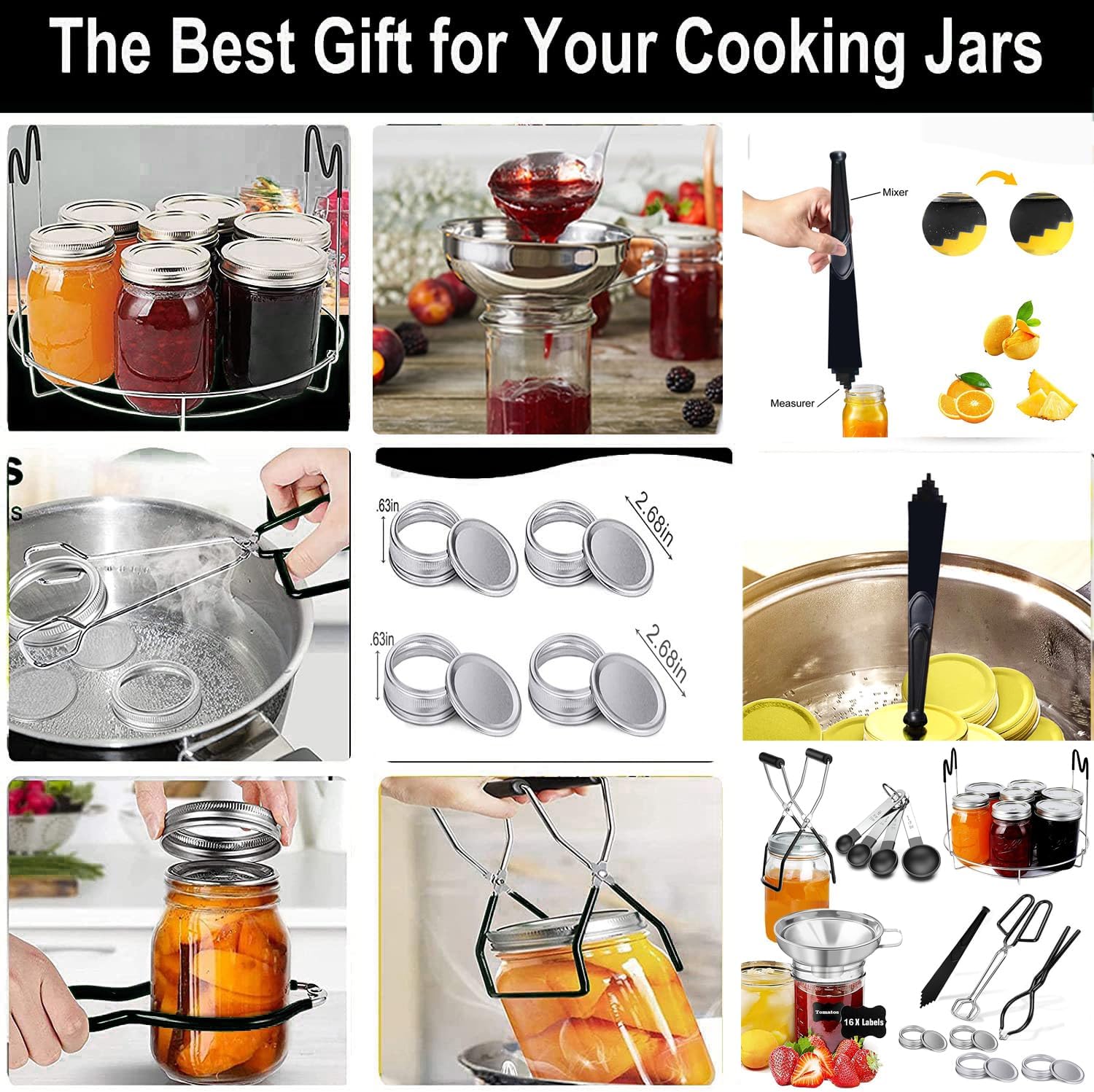Canning Supplies Starter Kit For Mason Jars - Pot, Funnel, Lifter, Wrench, Tongs, Lid Lifter & Bubble Remover