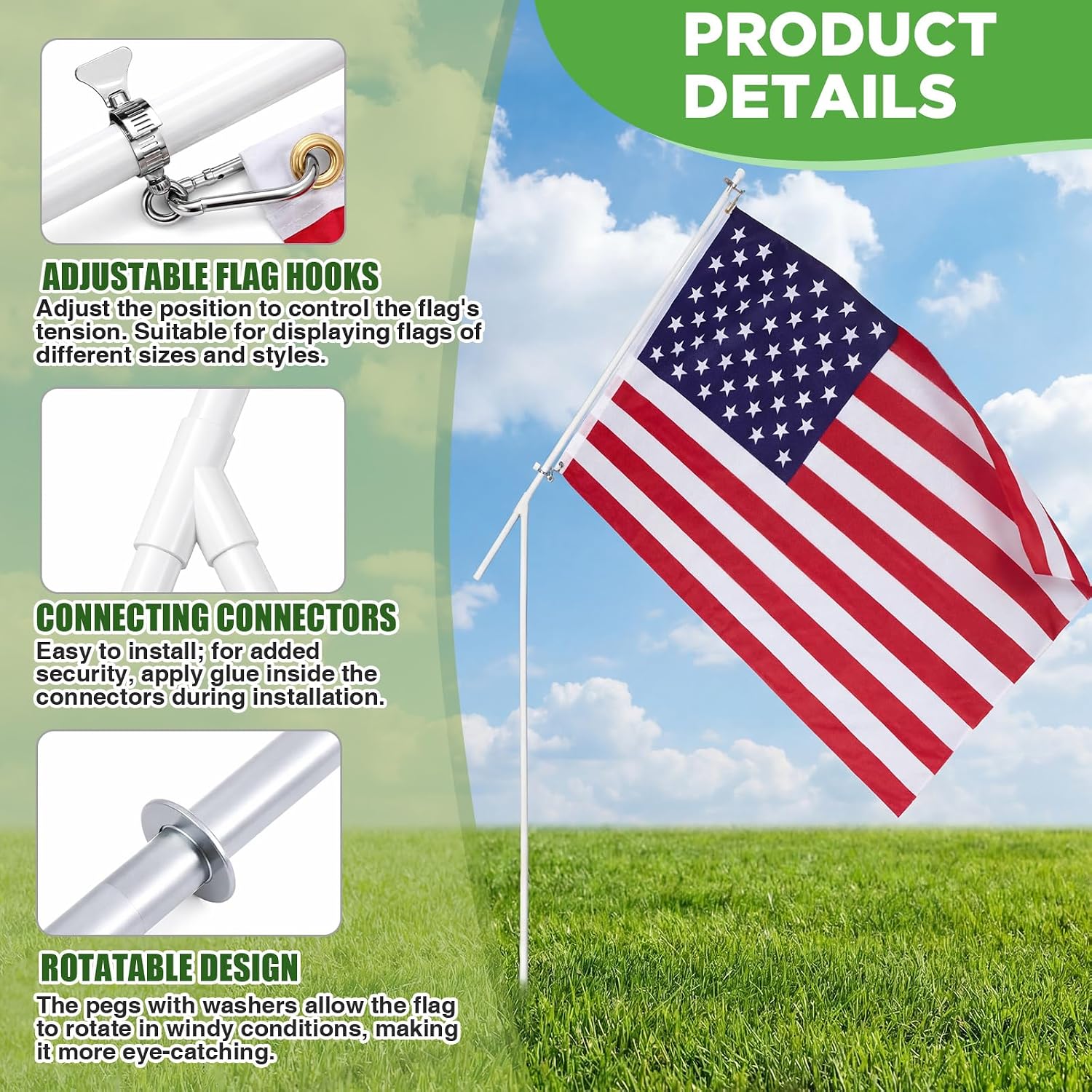 Portable Flag Pole Kit with 3'x5' American Flag-PVC Telescoping Flagpole for RV, Camping, Tailgate-Tire Mount &