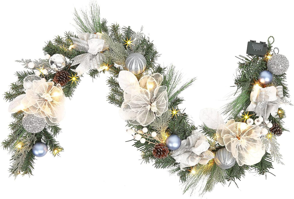 Pre-lit 6 feet Winter White Silver Christmas Garland Decor 20 LED Lights,Garland with Balls and Ribbon Bow,Xmas