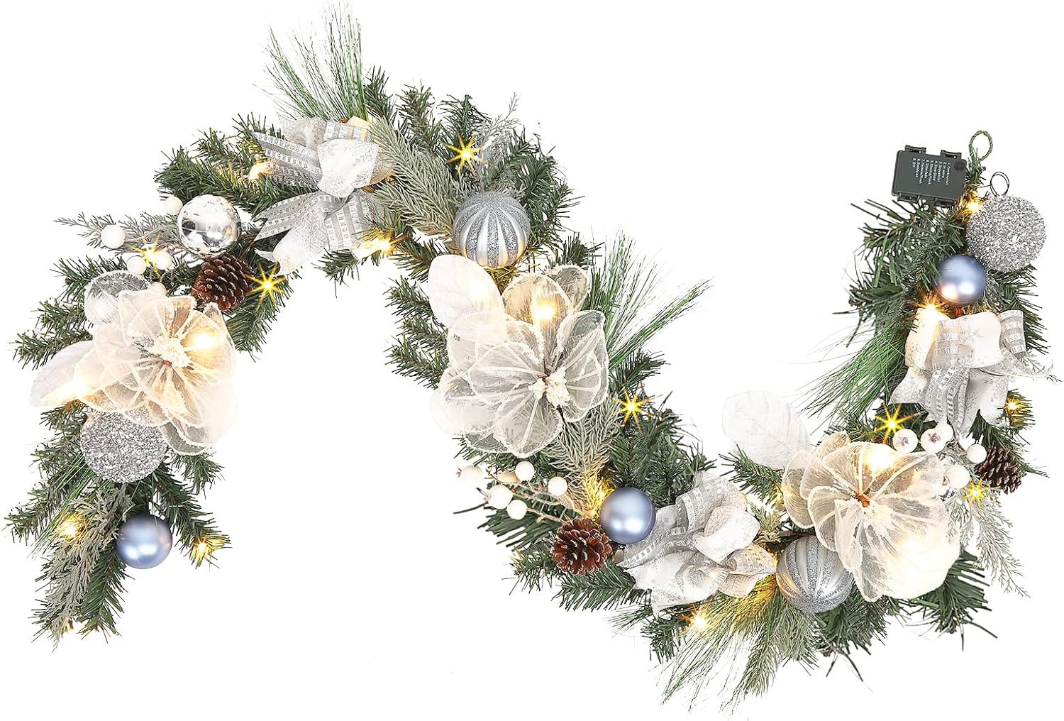 Pre-lit 6 feet Winter White Silver Christmas Garland Decor 20 LED Lights,Garland with Balls and Ribbon Bow,Xmas