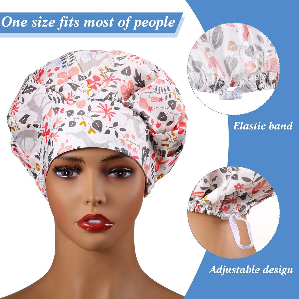 12 Pieces Bouffant Caps for Women Adjustable Nurse Working Hats with Button and Sweatband Printed Caps for Men Women