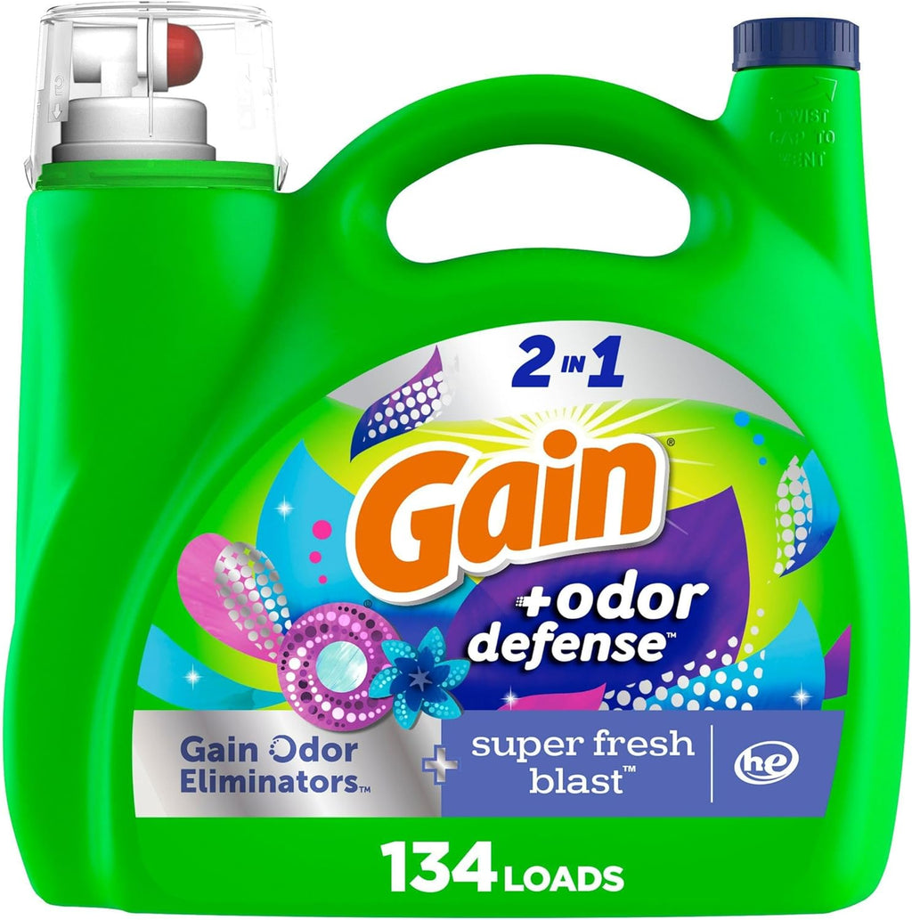 Odor Defense Liquid Laundry Detergent, Super Fresh Blast Scent, 194 fl oz, 134 loads, 2 in 1, Laundry Detergent