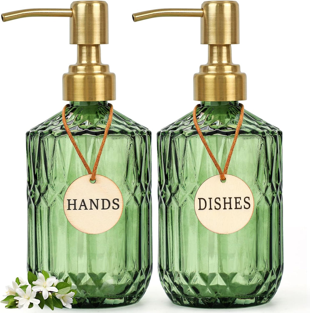 Green Glass Soap Dispenser (15.4 Oz, 2 Pack), Kitchen Hand and Dish Soap Dispenser Set with Golden Rust Proof Pump