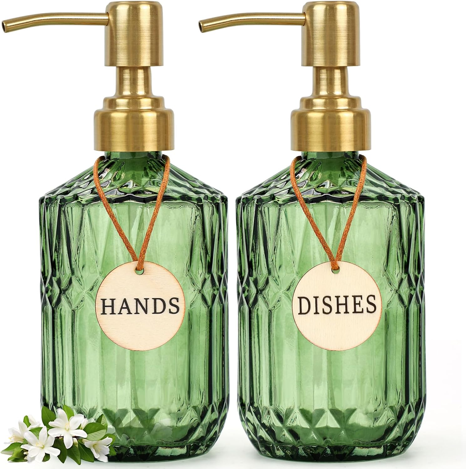Green Glass Soap Dispenser (15.4 Oz, 2 Pack), Kitchen Hand and Dish Soap Dispenser Set with Golden Rust Proof Pump