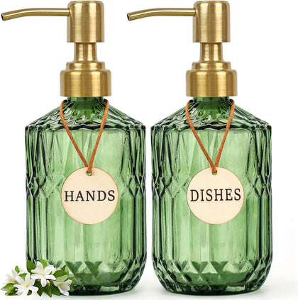 Green Glass Soap Dispenser (15.4 Oz, 2 Pack), Kitchen Hand and Dish Soap Dispenser Set with Golden Rust Proof Pump