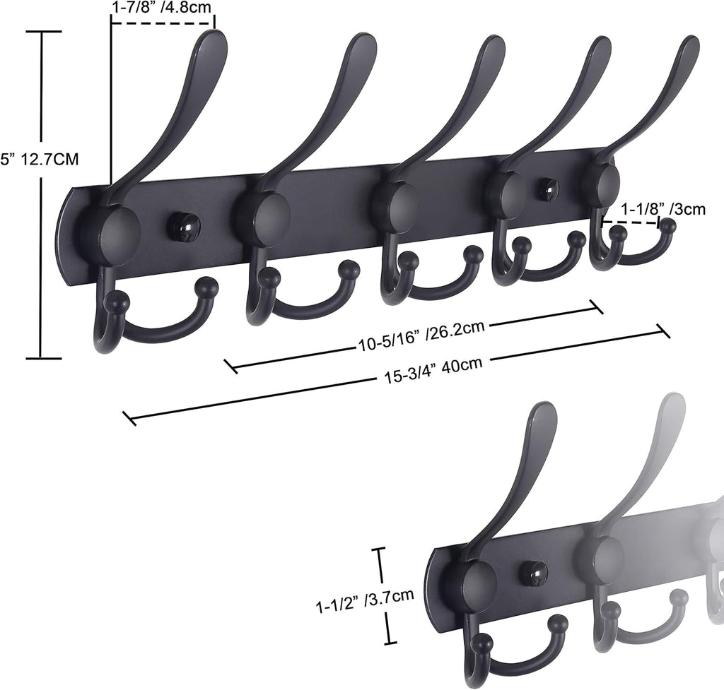 Coat Rack Wall Mounted - 5 Tri Hooks, Heavy Duty, Stainless Steel, Metal Coat Hook Rail for Coat Hat Towel Purse