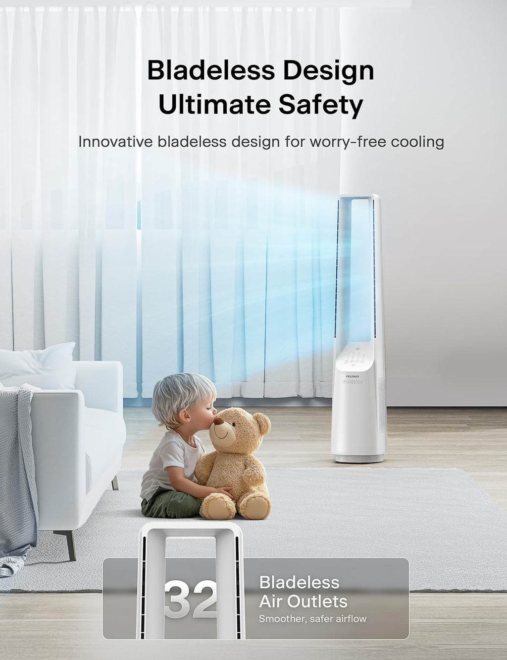 Bladeless Tower Fan with 26-33ft Powerful Airflow, Alexa and Google Compatible, 6-Speed Settings, Quiet DC Motor