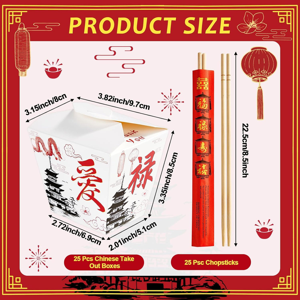 25 Sets White Chinese Take Out Food Boxes with Chopsticks