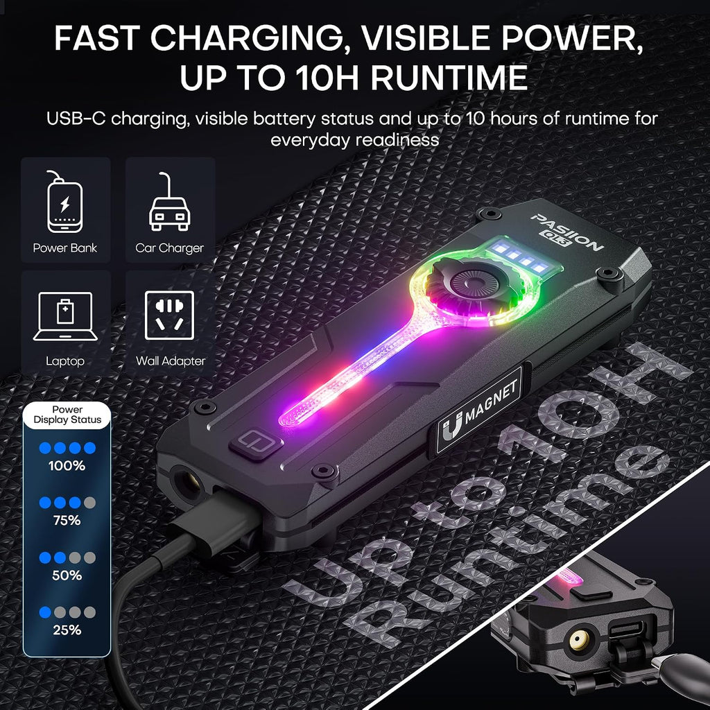 UV Flat EDC Flashlight Rechargeable 1800 High Lumens Pocket Light with RGB,Magnetic Base Small Flashlights with Dual