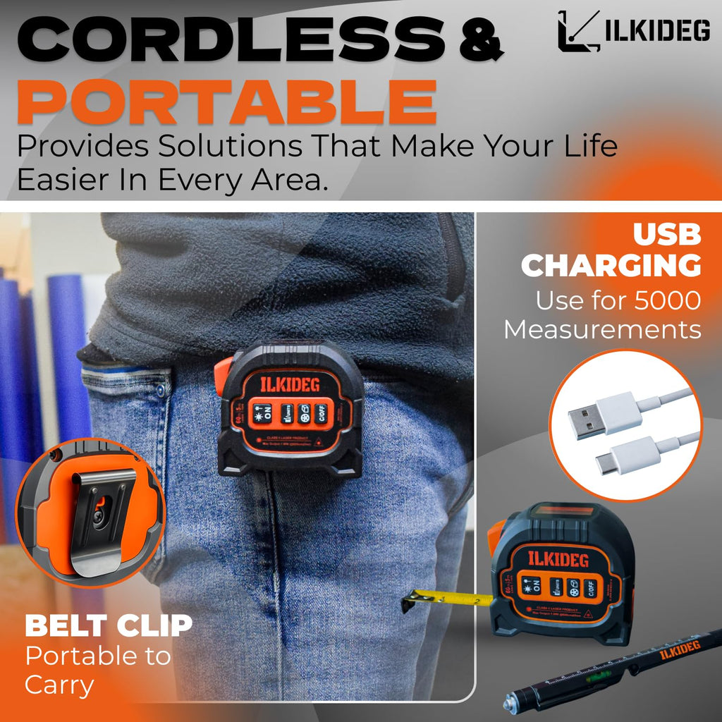 4-in-1 Digital Laser Tape Measure - Multitool Pen, 196ft Laser Measuring Tool, 16ft Measuring Tape, Crosshair Line