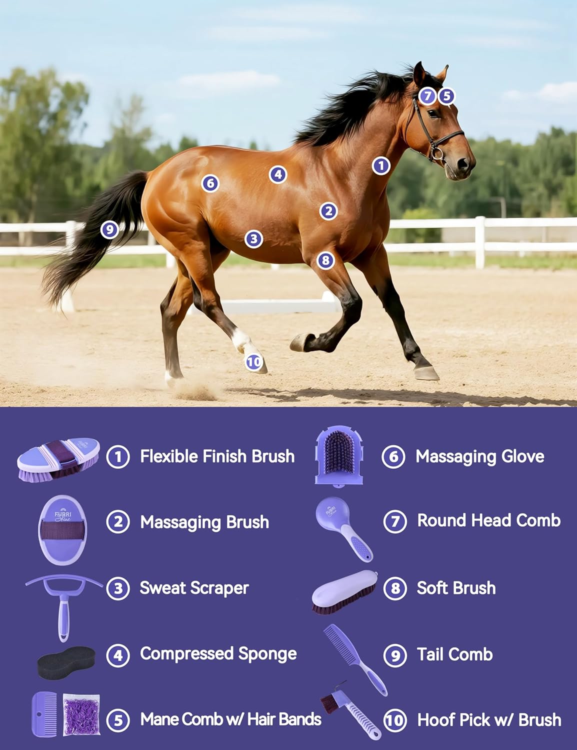 Horse Grooming Kit, 11 Piece Horse Brush Set with Grooming Tools