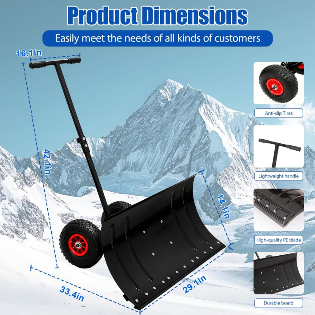Snow Shovel with Wheels,29" Wide Metal Snow Pusher Shovel with 15" Height &10" Wheels,Adjustable Angle&Height