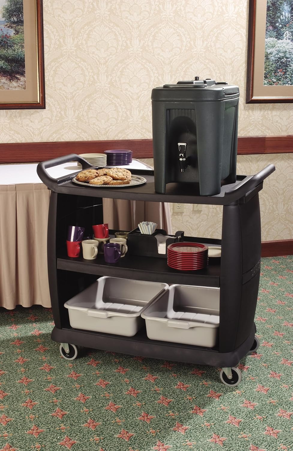 Large 3-Shelf Plastic Bussing Cart, Black