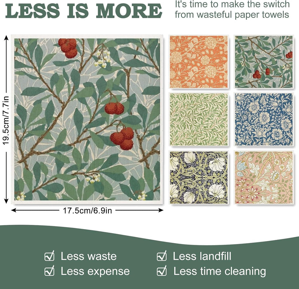 Vintage Floral Swedish Kitchen Dishcloth Dish Towel, 6 Pcs